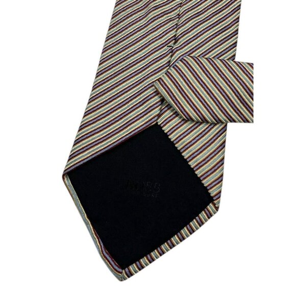 HUGO BOSS Men's 100% Silk Necktie LUXURY Tie Blue Yellow Striped W:3.6" EUC - Picture 4 of 4